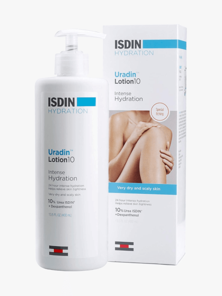 Isdin Uradin Lotion10 Hydrating Body Moisturizer in branded component on a light gray background